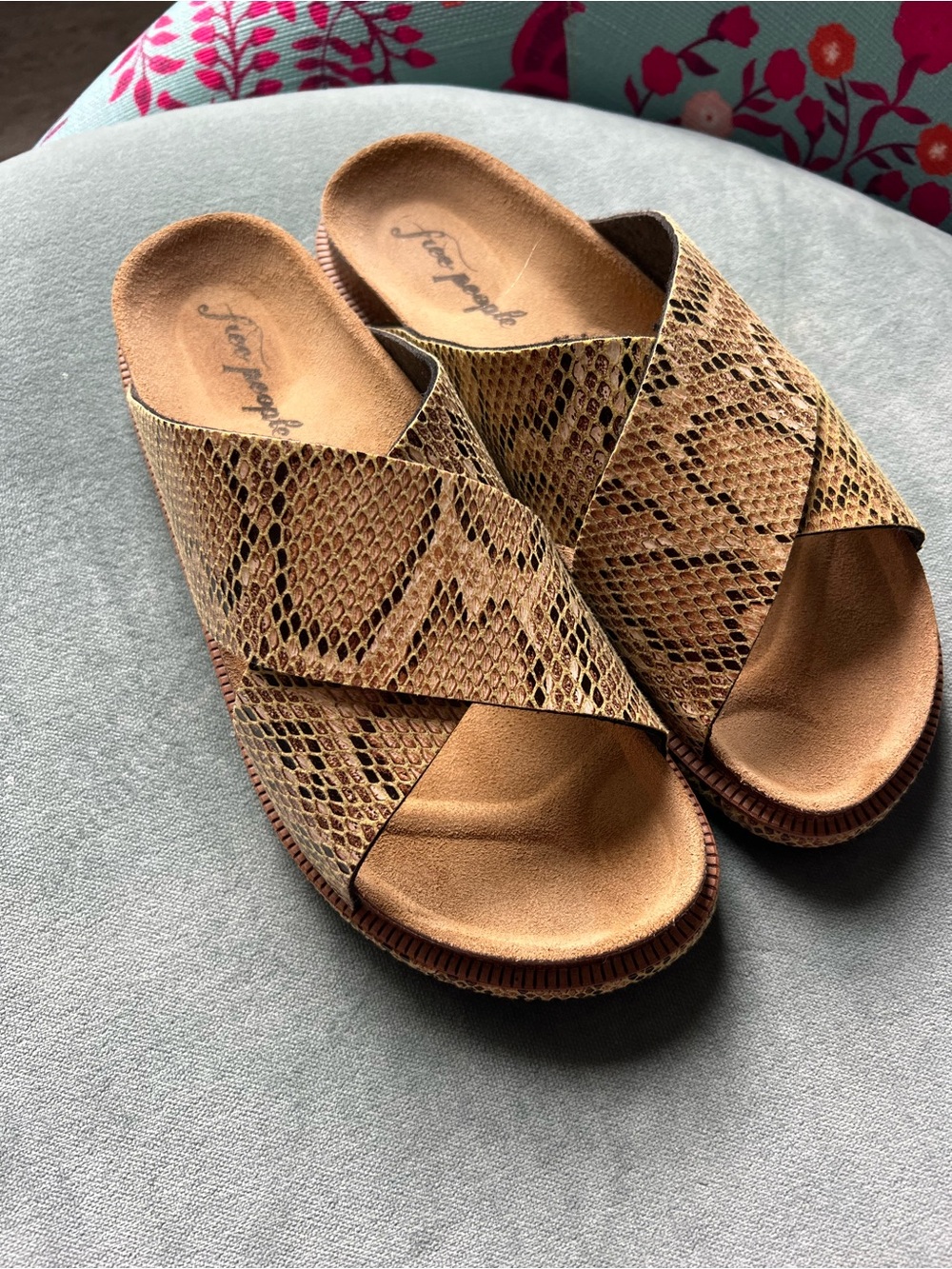 Free People Tan Snake-Print Slide Sandals